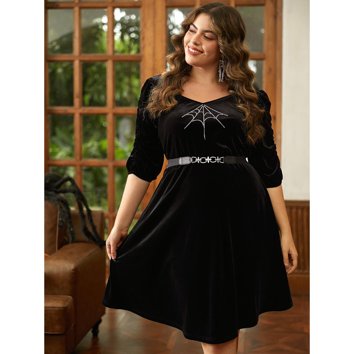 Plus Size Halloween Velvet Rhinestone Pocket Dress Black Women Elegant Rhinestone detailing Square Neck Half Sleeve Curvy Knee Dress BloomChic 22-24/3X Product Image