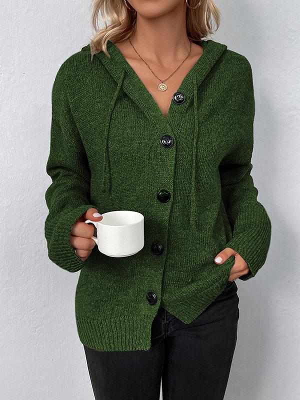 Wrap Buttoned Hooded Solid Color Cardigan Product Image