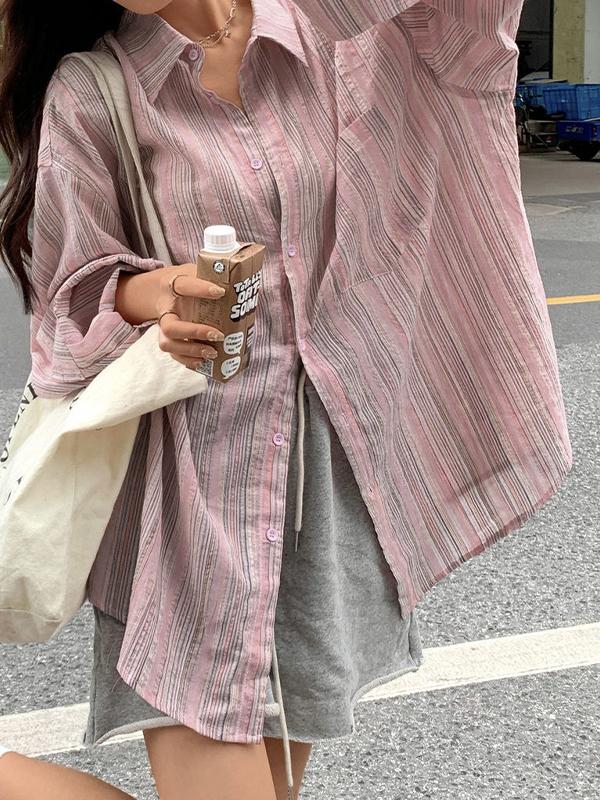 Pink Stripe Loose Thin Long Sleeve Blouse Product Image