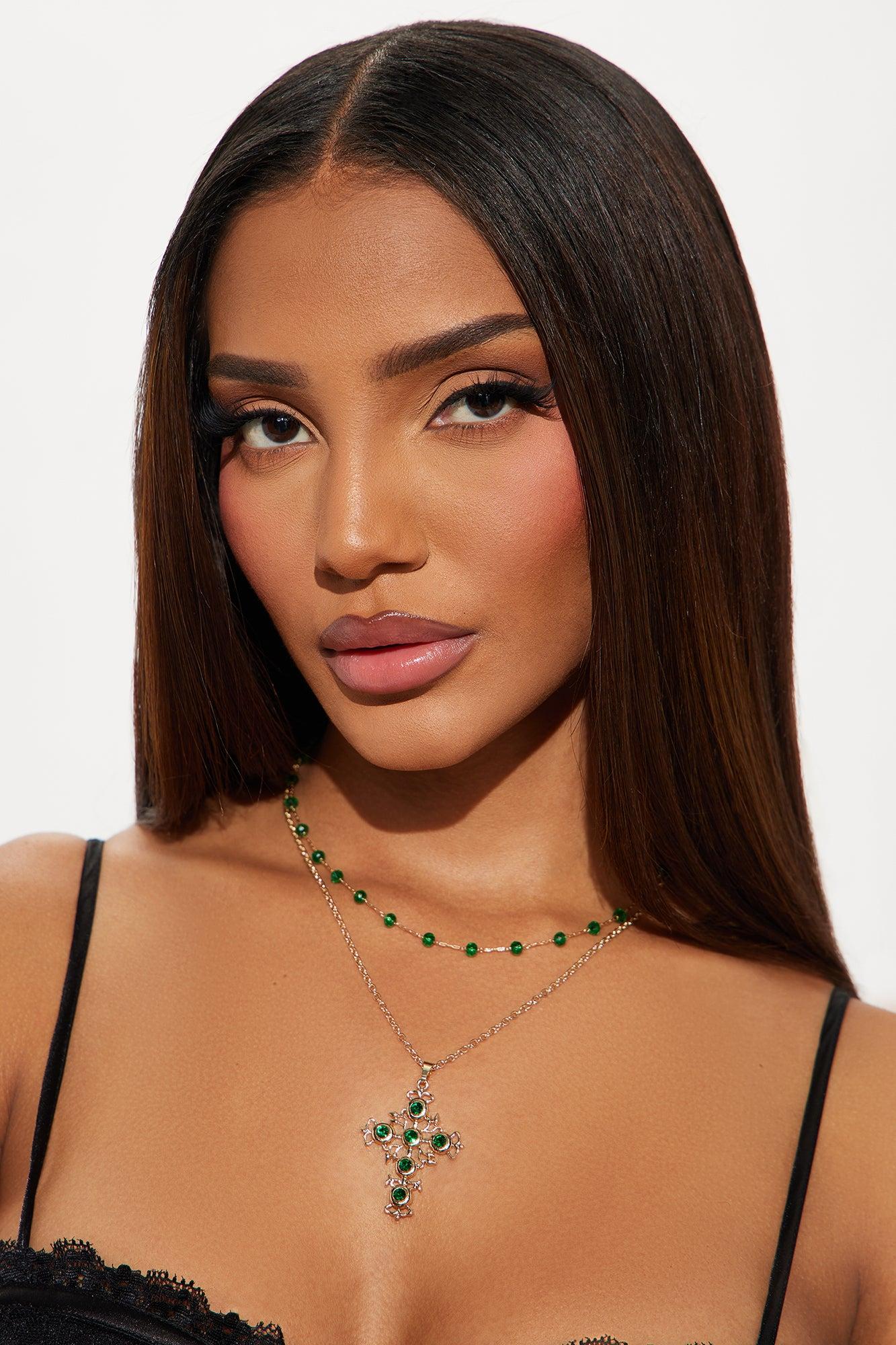 Crossing Your Mind Layered Necklace - Gold/Green Product Image