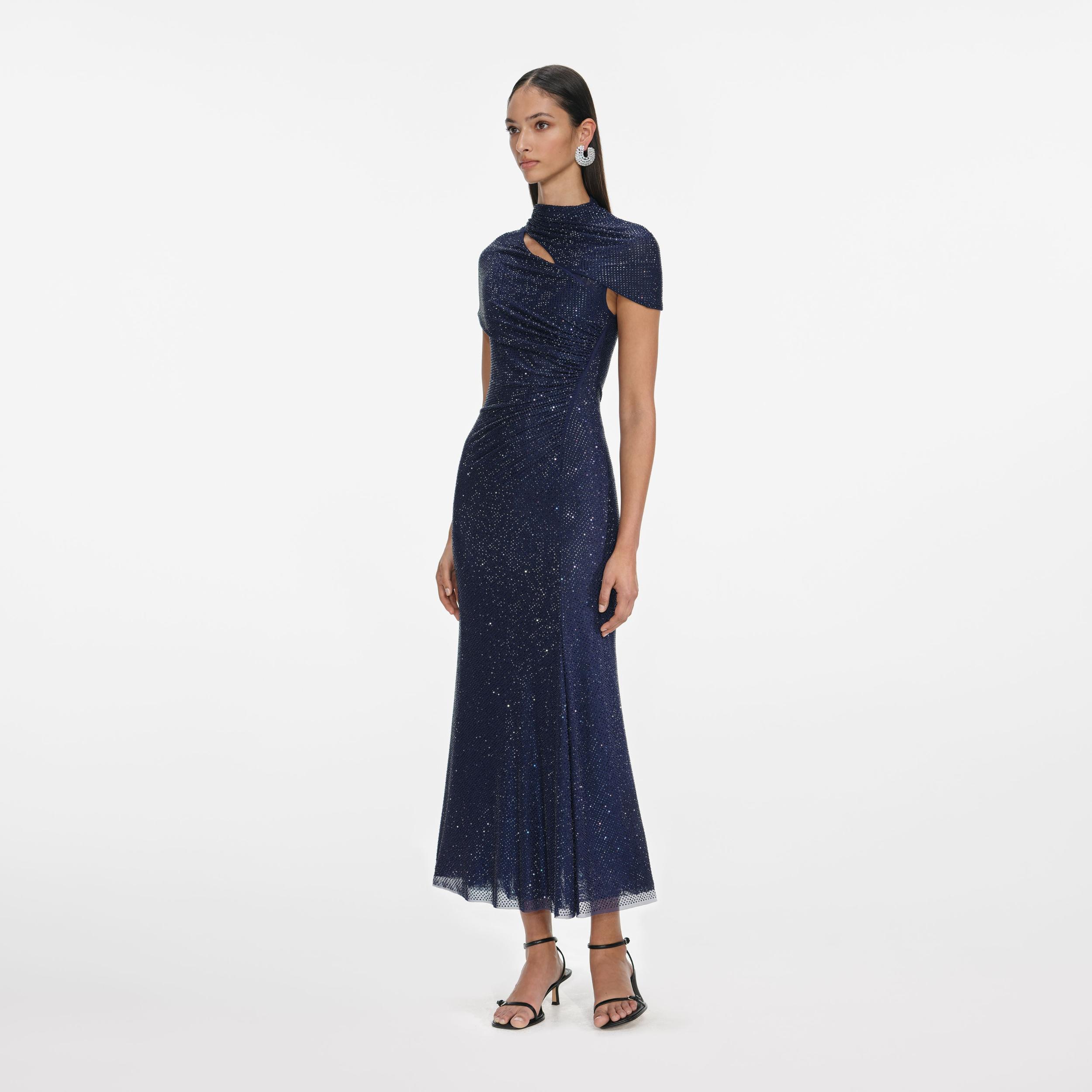Navy Rhinestone Mesh Cut Out Midi Dress Product Image