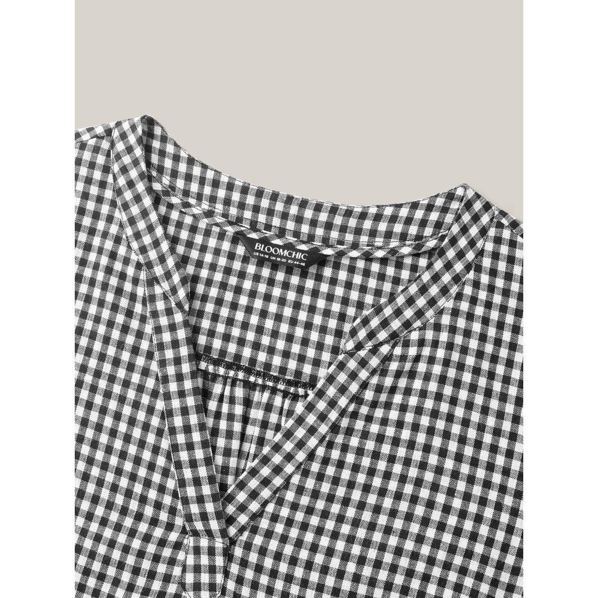 Plus Size Black Plaid Print Notched Collar Pleated Blouse Women At the Office Short sleeve V-neck Work Blouses BloomChic 14-16/1X Product Image