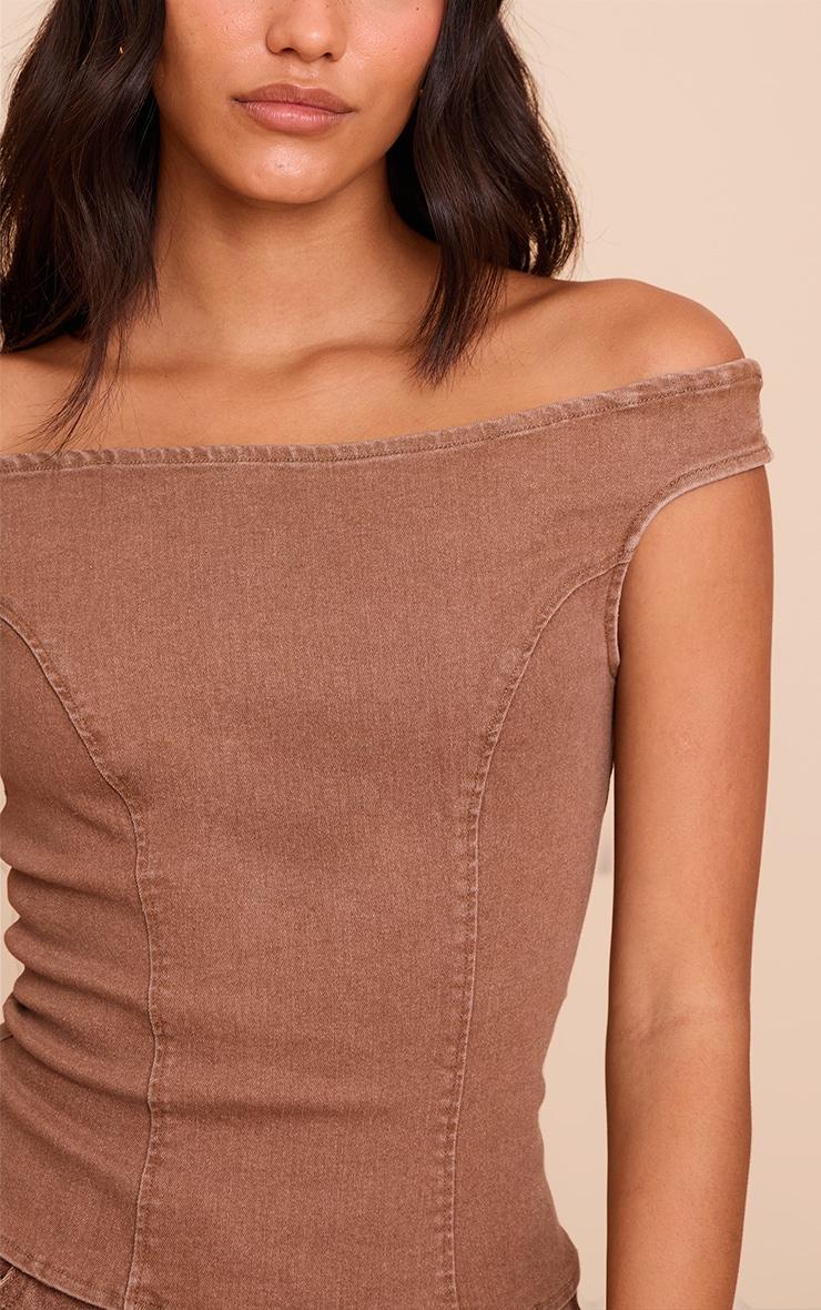 Brown Off The Shoulder Stretch Denim Top Product Image