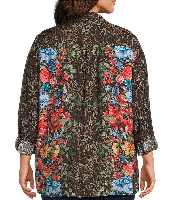 John Mark Plus Size Animal Skin Floral Multi Print Point Collar Long Roll-Tab Sleeve Button Front Tunic Product Image