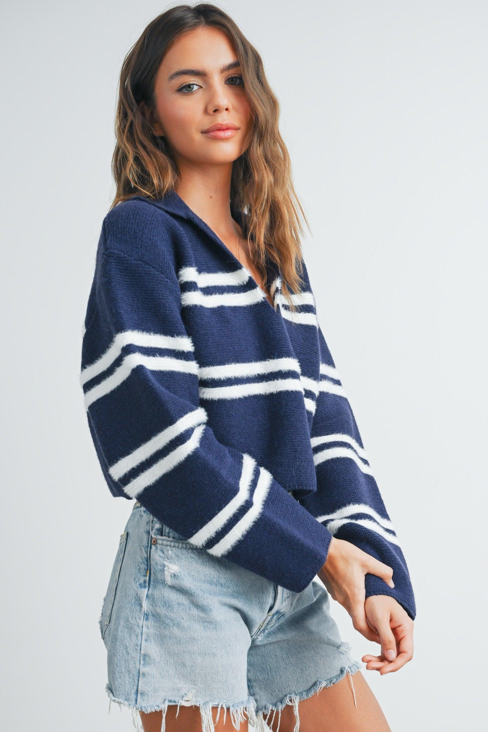Stripe Cozy Collared Crop Sweater Product Image