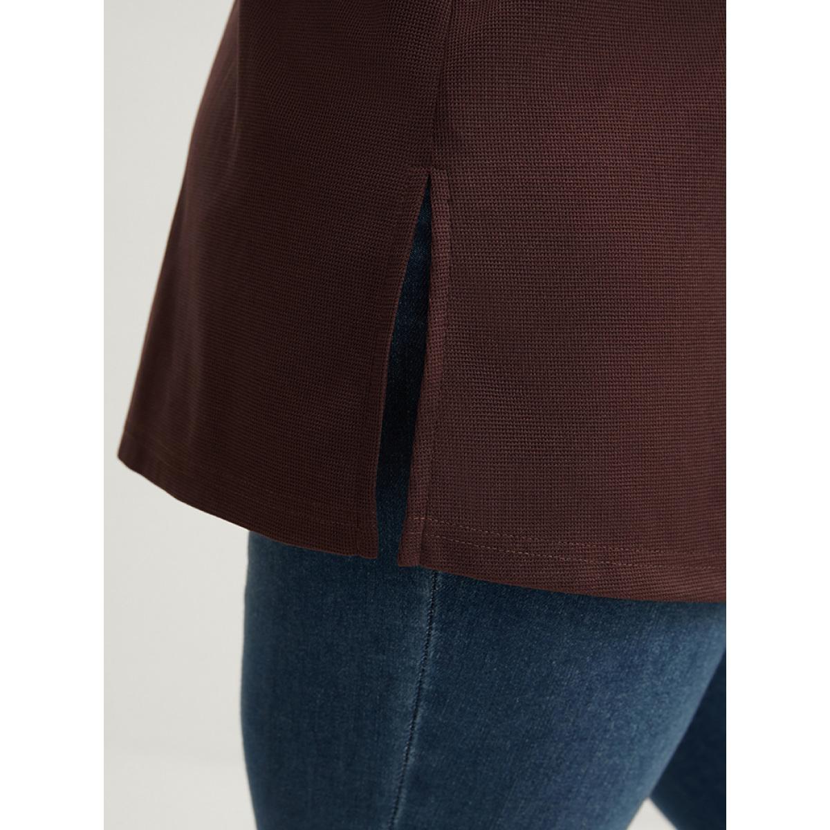 Plus Size Solid Cuffed Sleeve Split Hem Long Tee Burgundy Women Casual Button Plain V-neck Office T-shirts BloomChic 14-16/1X Product Image