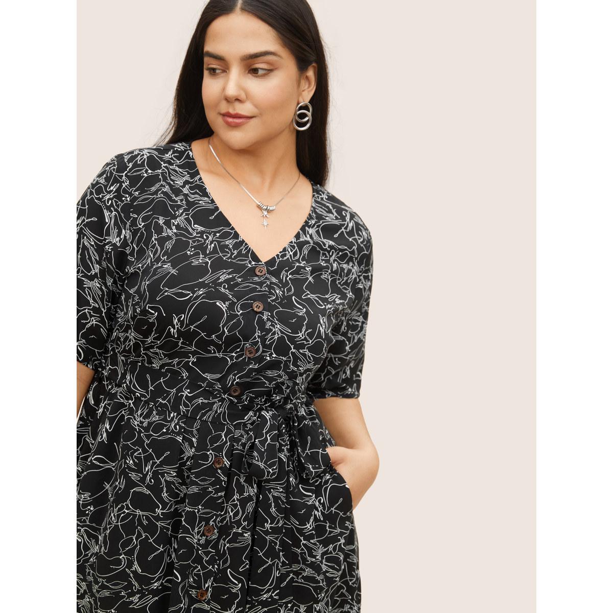 Plus Size Floral Button Through Belted Pocket Dress Black Women At the Office Belted V-neck Short sleeve Curvy Midi Dress BloomChic 30/6X Product Image