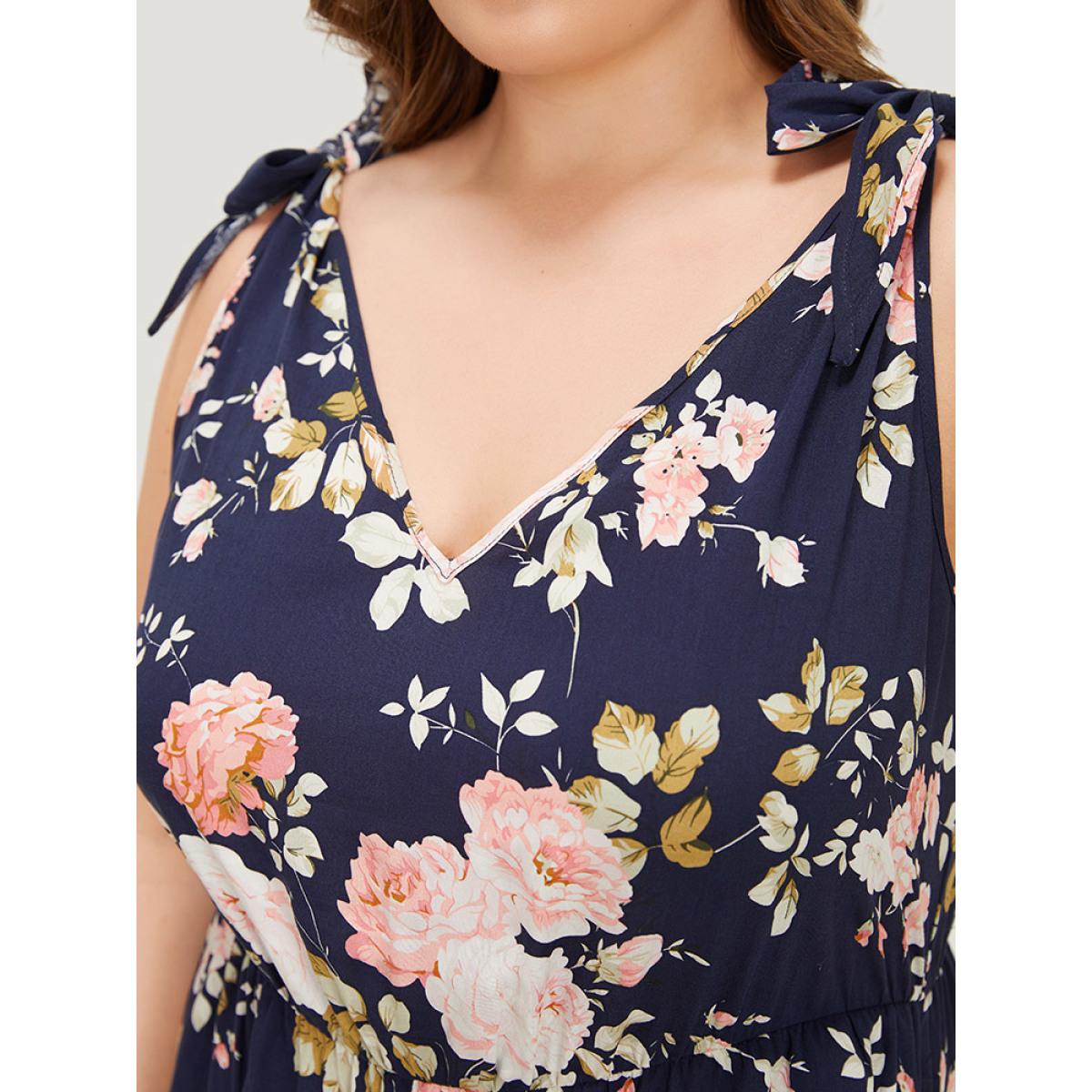 Plus Size DarkBlue Floral Belt Pocket Knot Shoulder Jumpsuit Women Elegant Sleeveless Spaghetti Strap Dailywear Loose Jumpsuits BloomChic 14-16/1X Product Image
