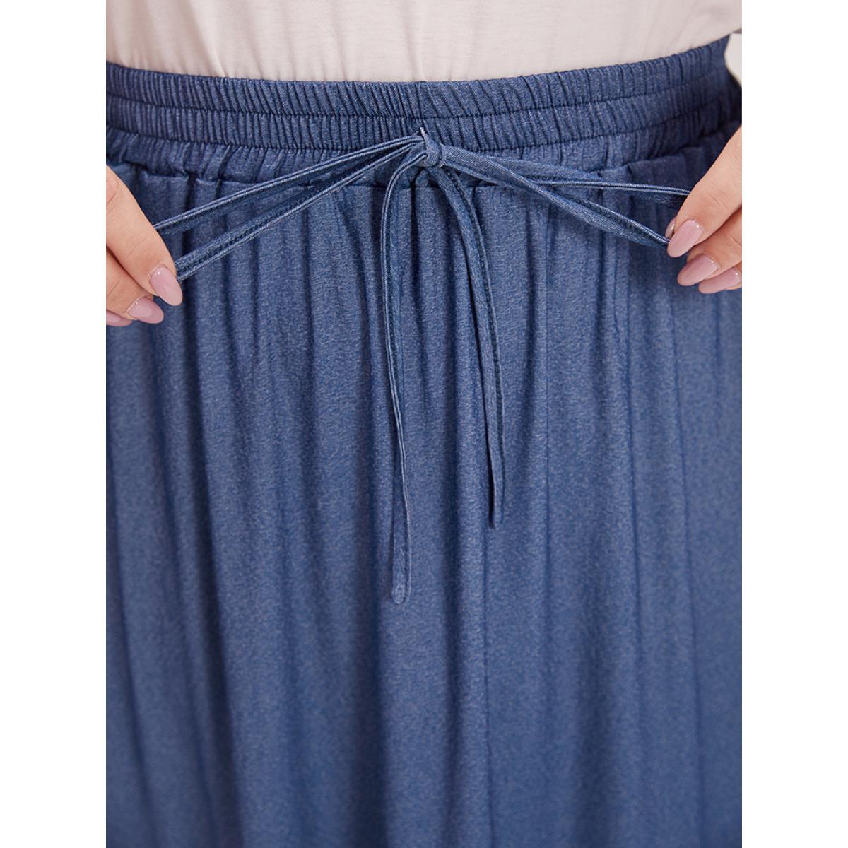 Plus Size Plain Ties Gathered Ruffle Layered Hem Skirt Women Indigo Elegant Plain No stretch Pocket Dailywear Skirts BloomChic 22-24/3X Product Image