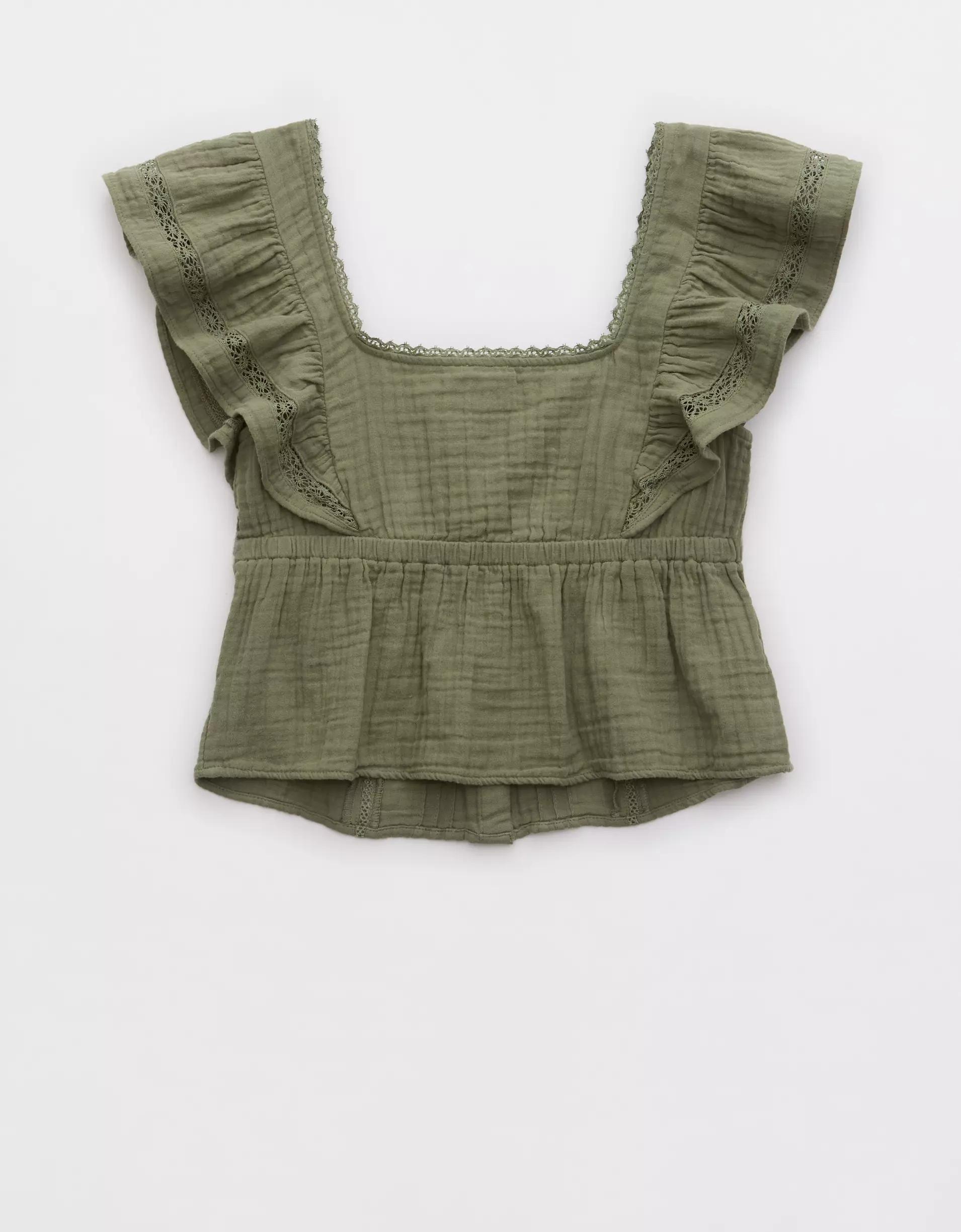 Aerie Button Front Ruffle Sleeve Top Product Image