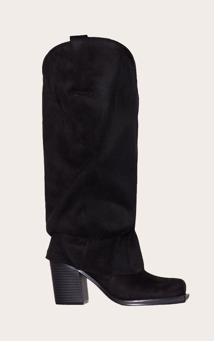 Black Suede Square Toe Fold Over Knee High Block Heel Western Boots Product Image