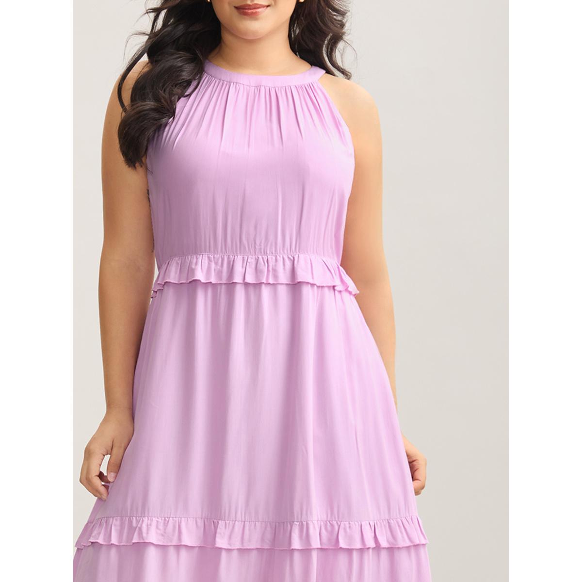 Plus Size Halter Neck Tiered Ruffles Pocket Midi Dress Lilac Women Halter neck Sleeveless Curvy BloomChic 28/5X Product Image