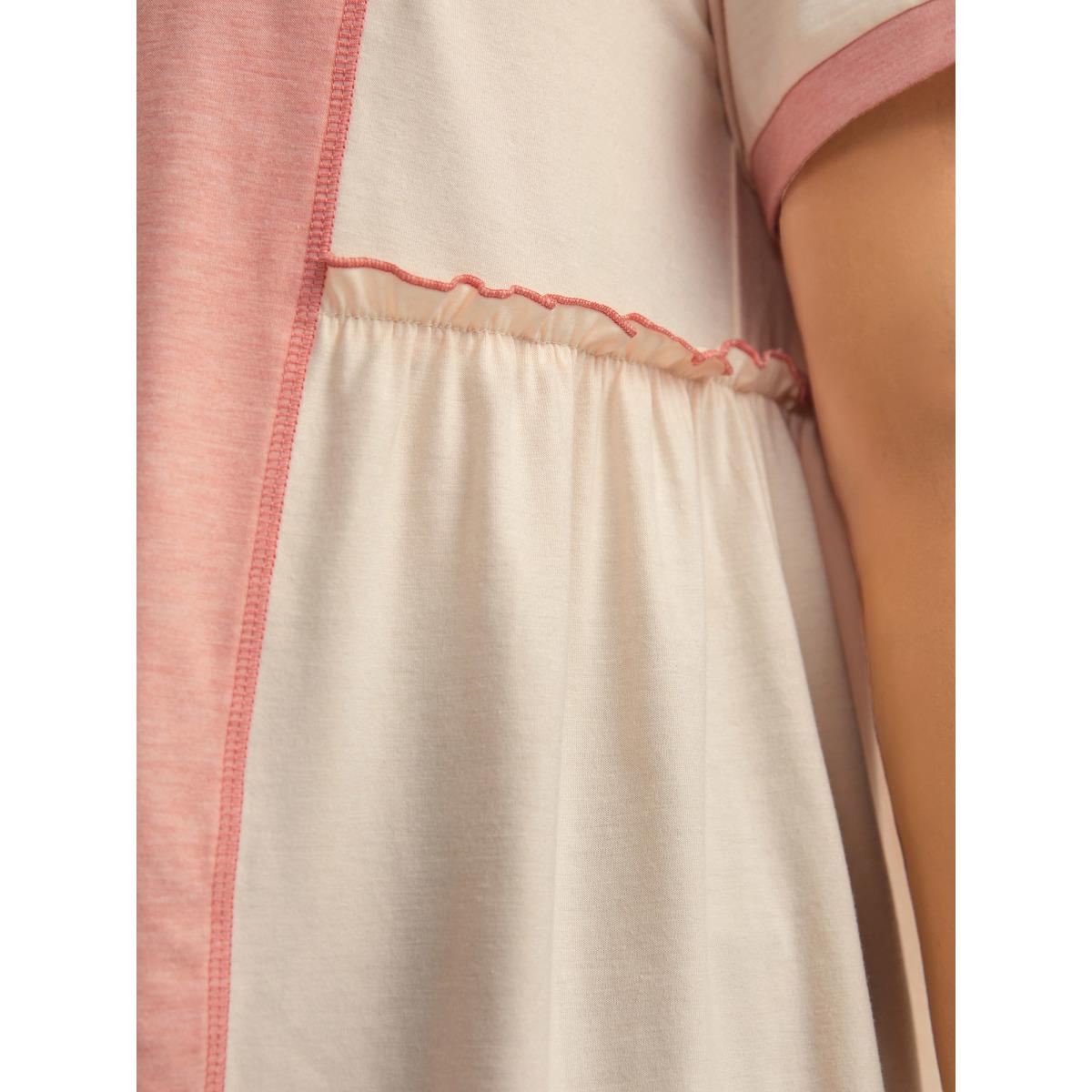 Plus Size Color Contrast High Low Hem T-Shirt Nudepink Women Gathered Round Neck Everyday-Casual T-shirts BloomChic 22-24/3X Product Image