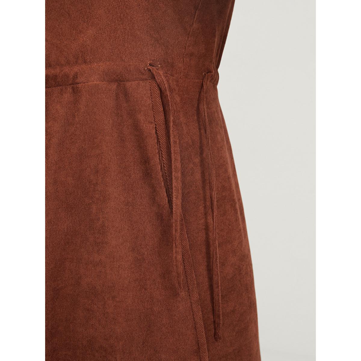 Plus Size Solid Drawstring Pocket Button Detail Shirt Collar Corduroy Dress Brown Women Office Drawstring Shirt collar Long Sleeve Curvy Midi Dress BloomChic 22-24/3X Product Image