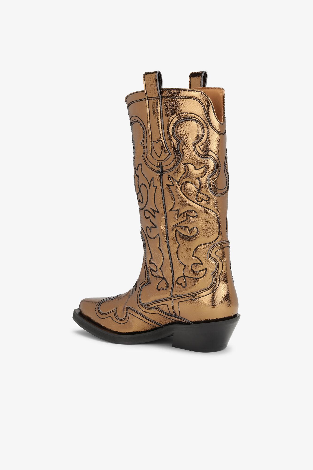 Gold Metallic Mid Shaft Embroidered Western Boots Product Image