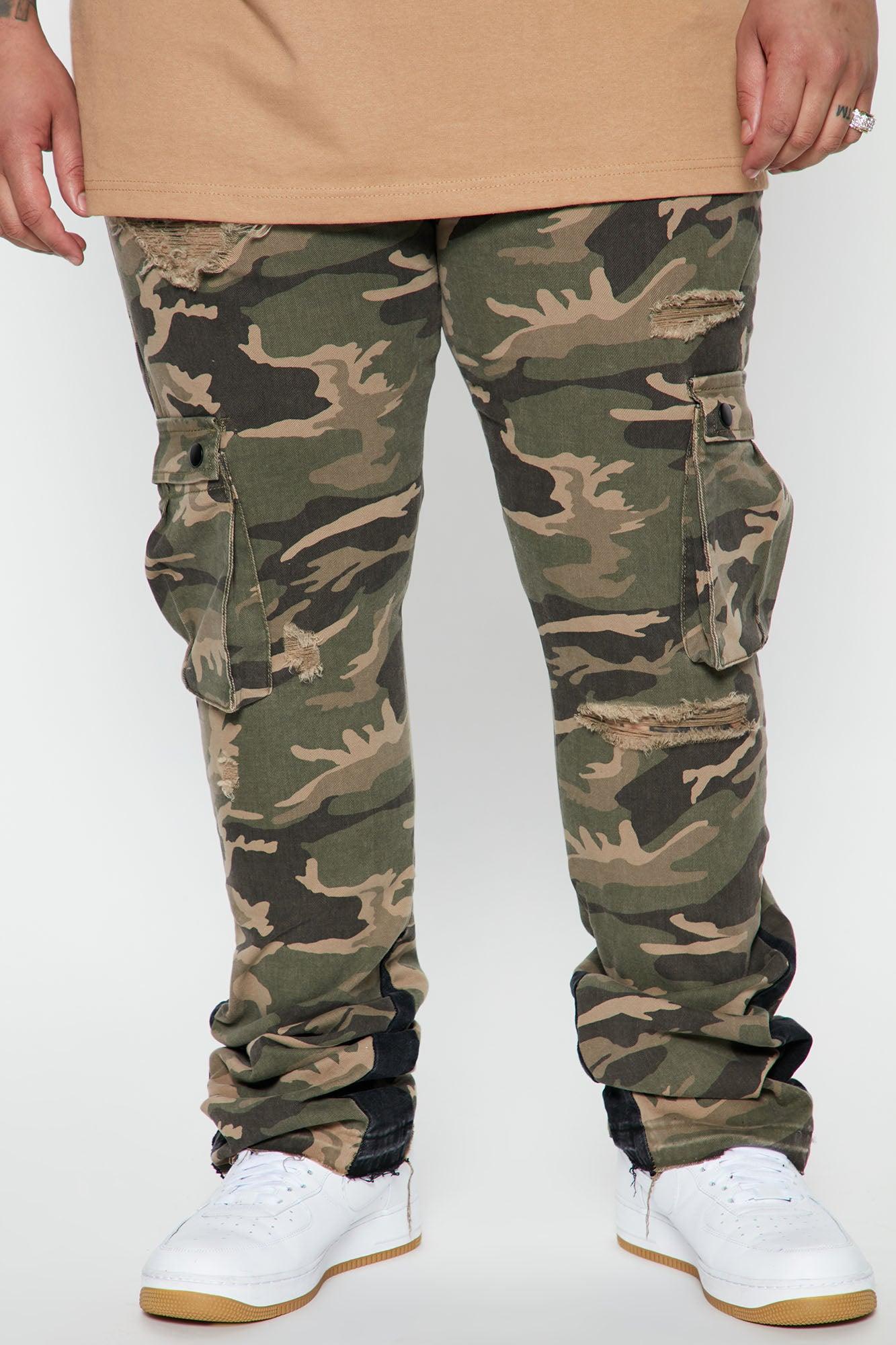 Contrast Skinny Stacked Flared Cargo Pants - Camouflage Product Image
