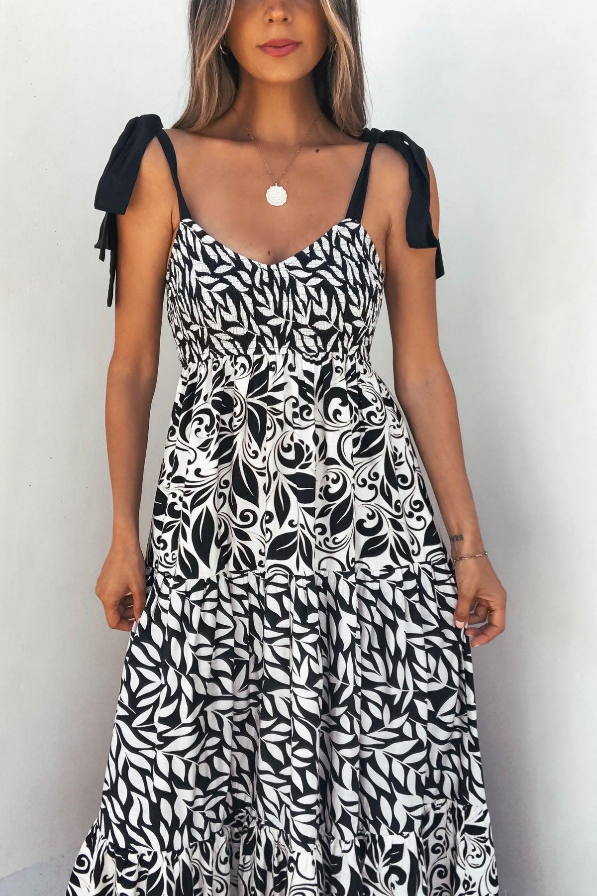 Floral Smock Tiered Maxi Dress With Black Tie Straps - FINAL SALE Product Image
