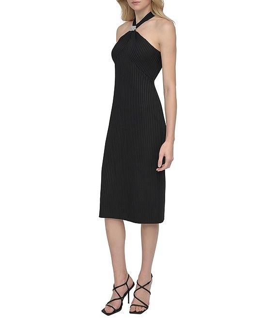 DKNY by Donna Karan Halter Criss Cross Back Ribbed Knit Sheath Midi Dress Product Image
