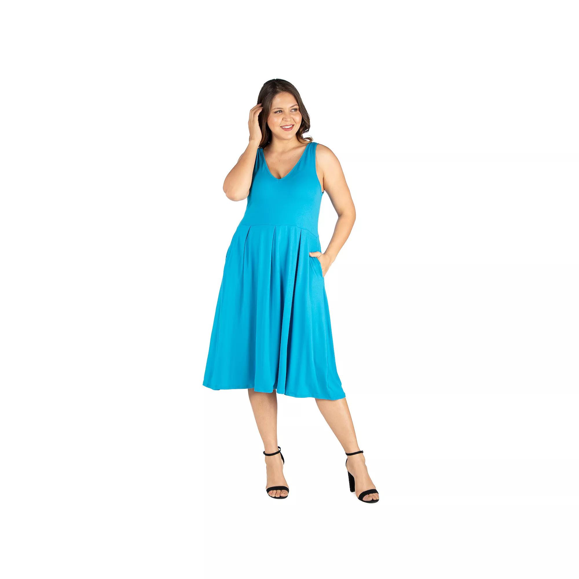 Plus Size 24seven Comfort Apparel Sleeveless Midi Fit and Flare Dress with Pockets, Women's, Size: 3XL, Turquoise Product Image