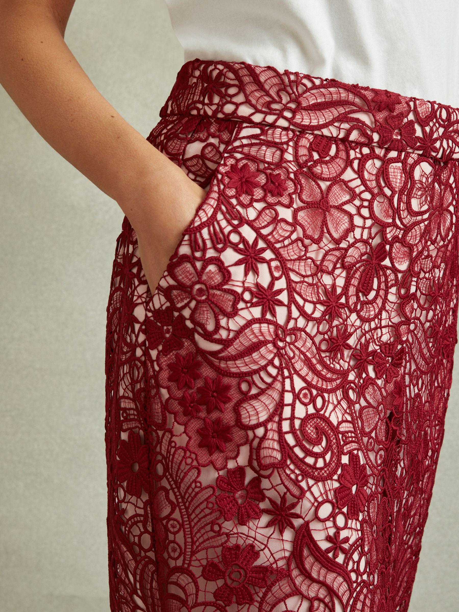 Sheer Lace Midi Pencil Skirt in Burgundy Product Image