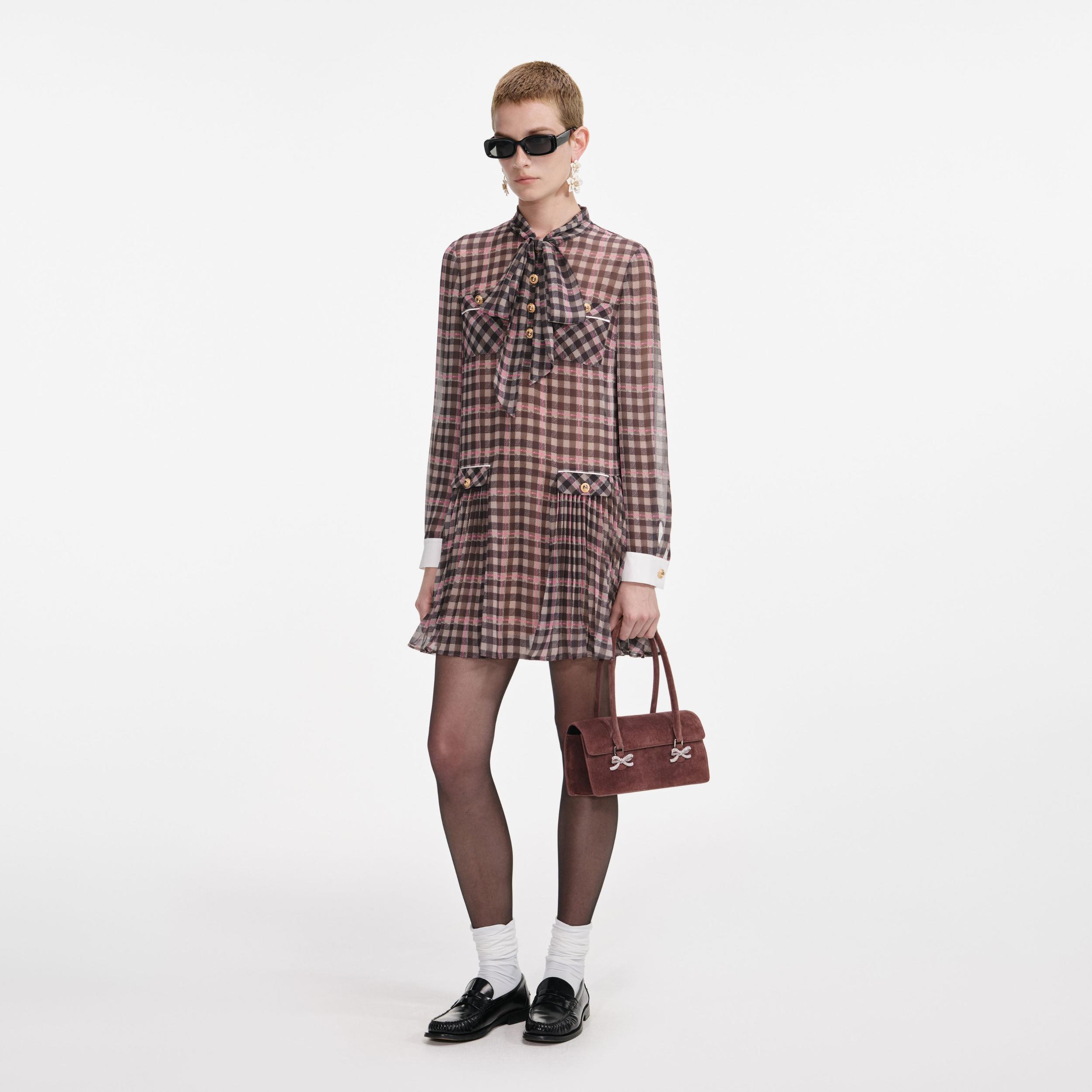 Brown Check Chiffon Mini Dress Product Image