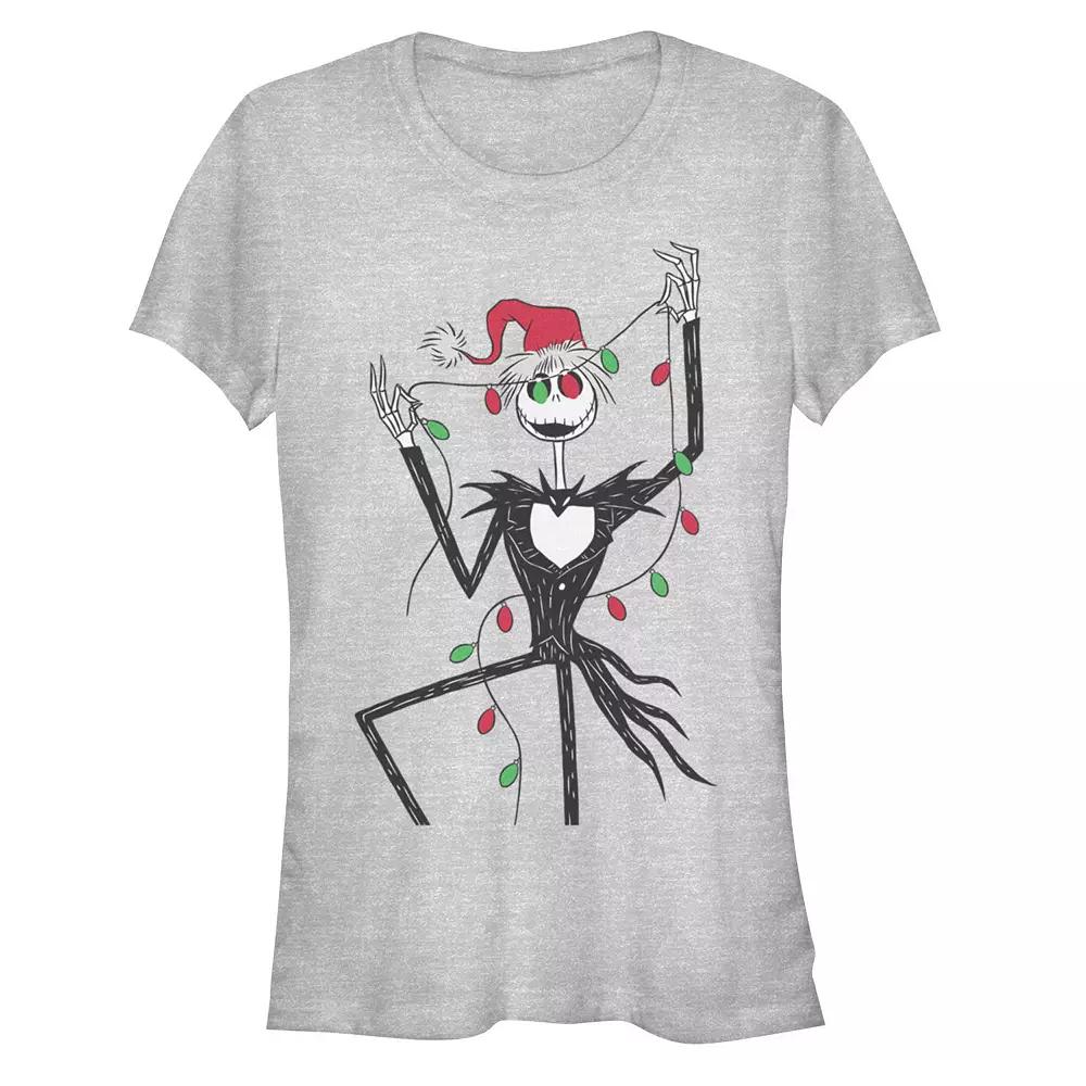 Disney's The Nightmare Before Christmas Jack Skellington Holding Christmas Lights Juniors' Fitted Graphic Tee, Girl's, Size: XXL, Athletic Grey Product Image