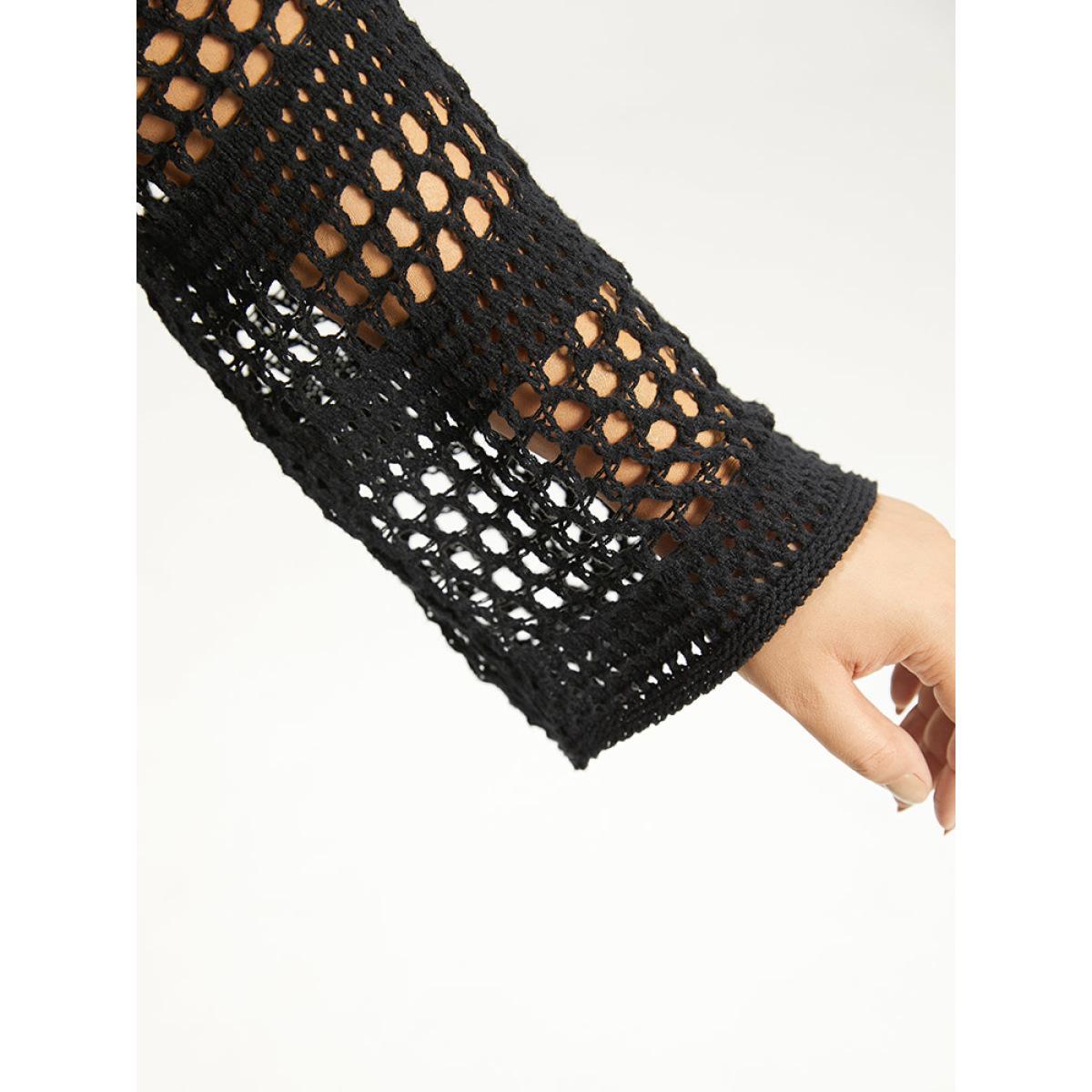 Plus Size Halloween Plain Hollow Out Ties Open Front Cardigan Black Women Casual Loose Long Sleeve Festival-Halloween Cardigans BloomChic 22-24/3X Product Image