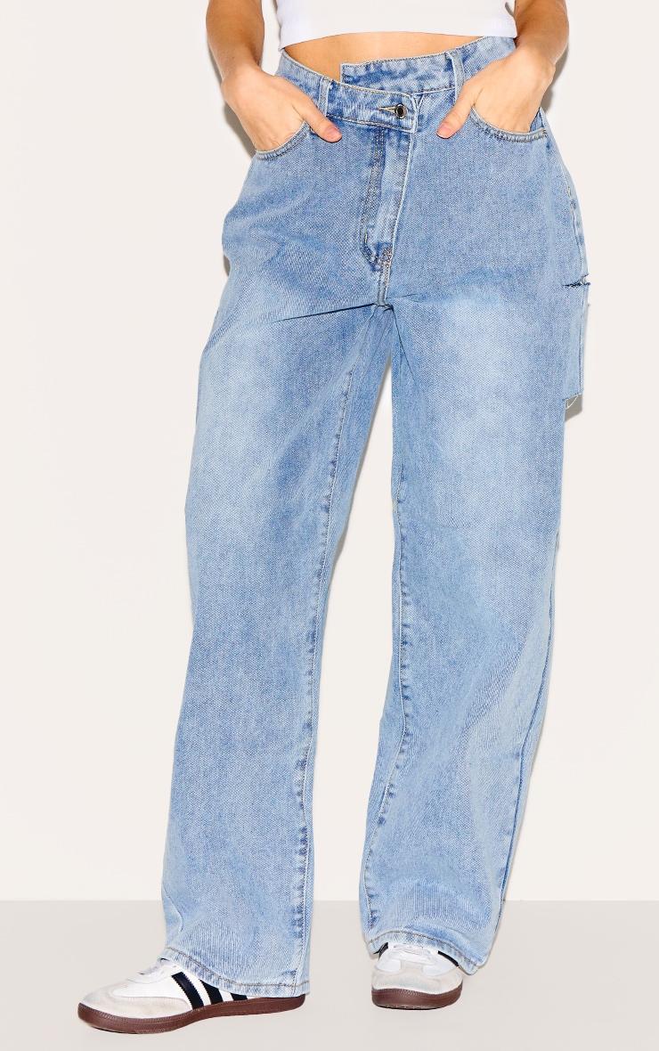 Light Blue Wash Asymmetric Waistband Baggy Low Rise Thigh Split Boyfriend Jeans Product Image