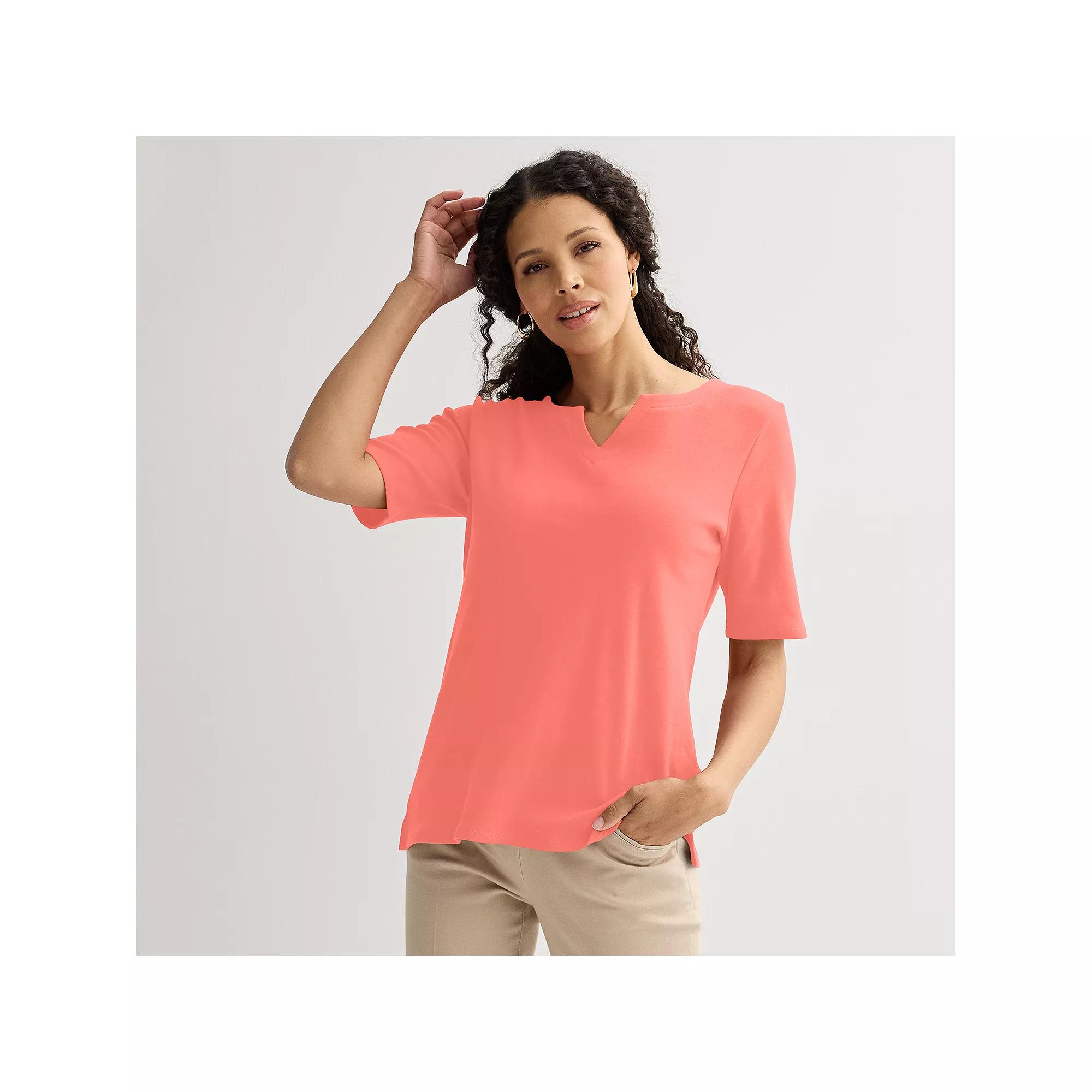 Petite Croft & Barrow® Elbow Sleeve Splitneck Top, Women's,  Product Image