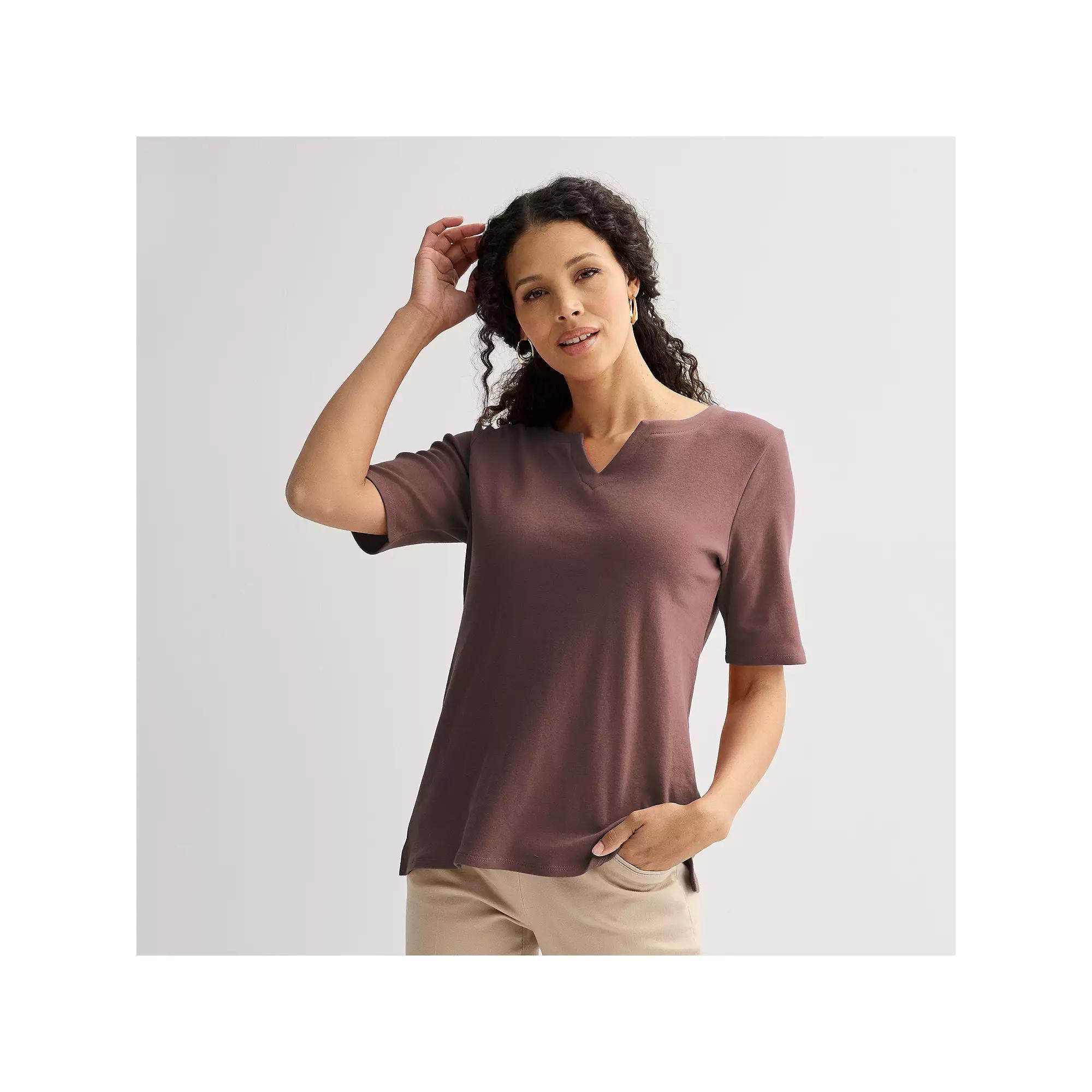Petite Croft & Barrow® Elbow Sleeve Splitneck Top, Women's,  Product Image