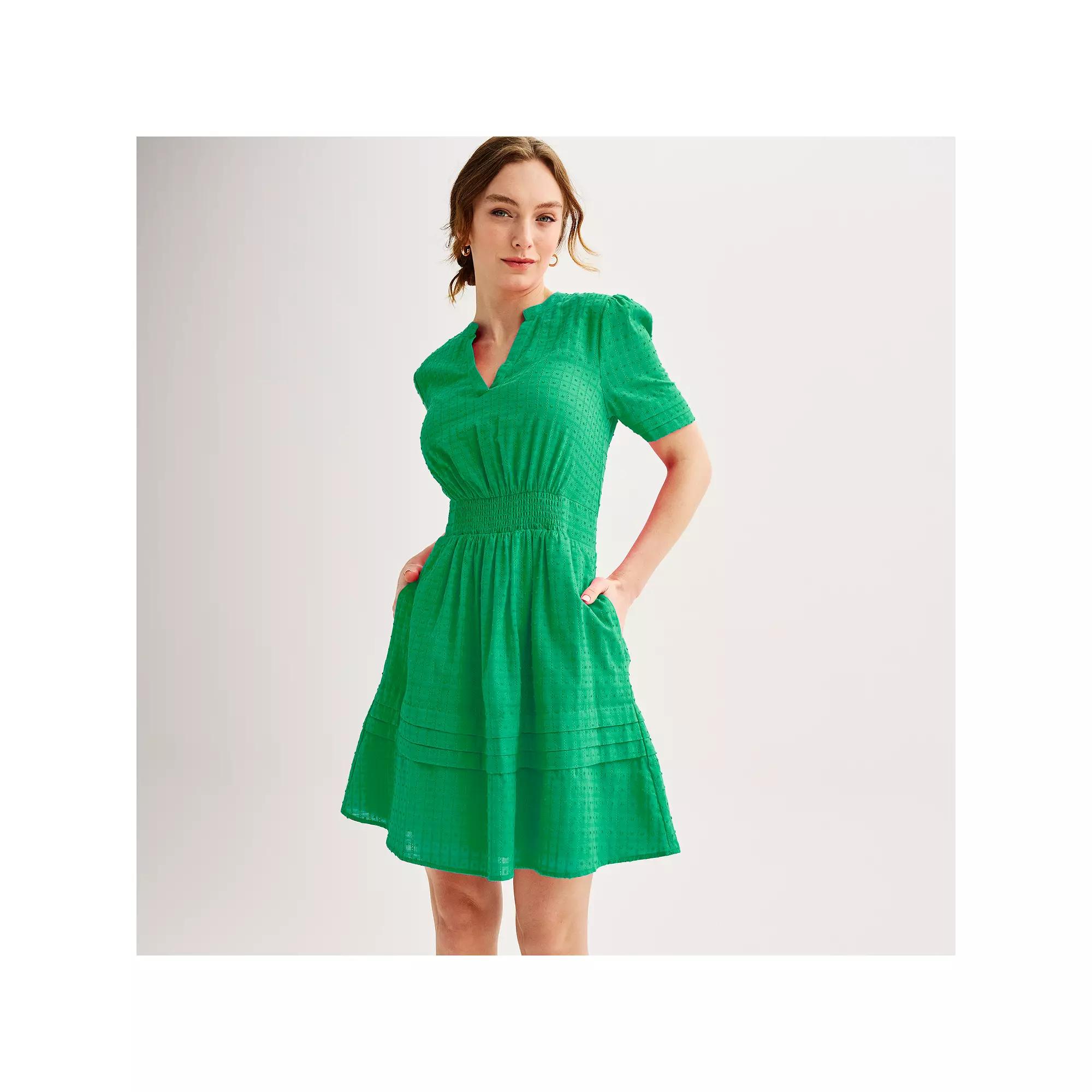 Women's Draper James Dotted Windowpane Smocked Waist V-Neck Mini Dress, Size: Medium, Green Product Image
