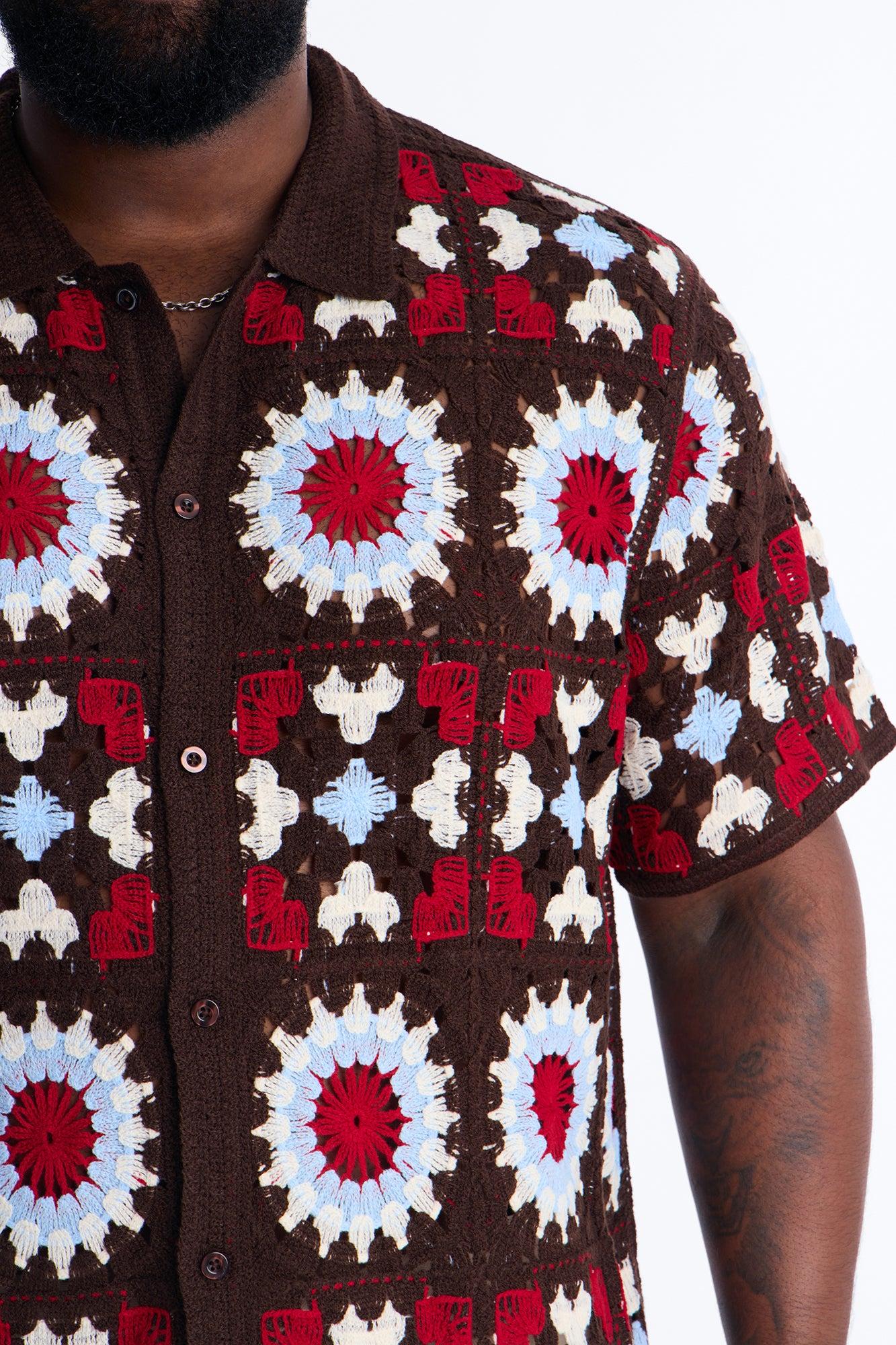 Desert Hues Crochet Button Up Shirt - Brown Male Product Image