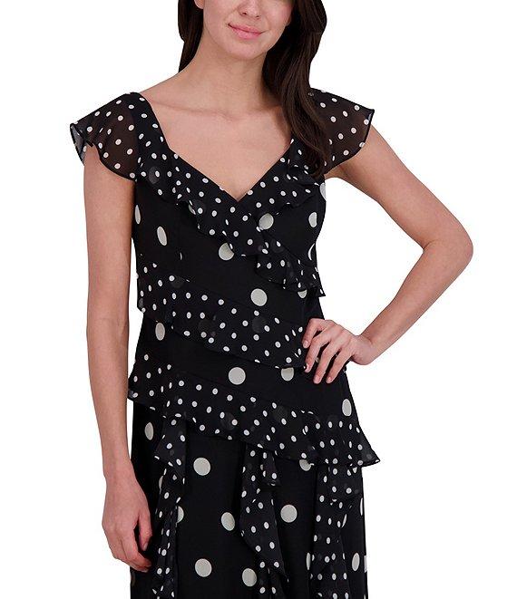 Eliza J Chiffon Polka Dot V Neck Short Sleeve Ruffle Sheath Maxi Dress Product Image
