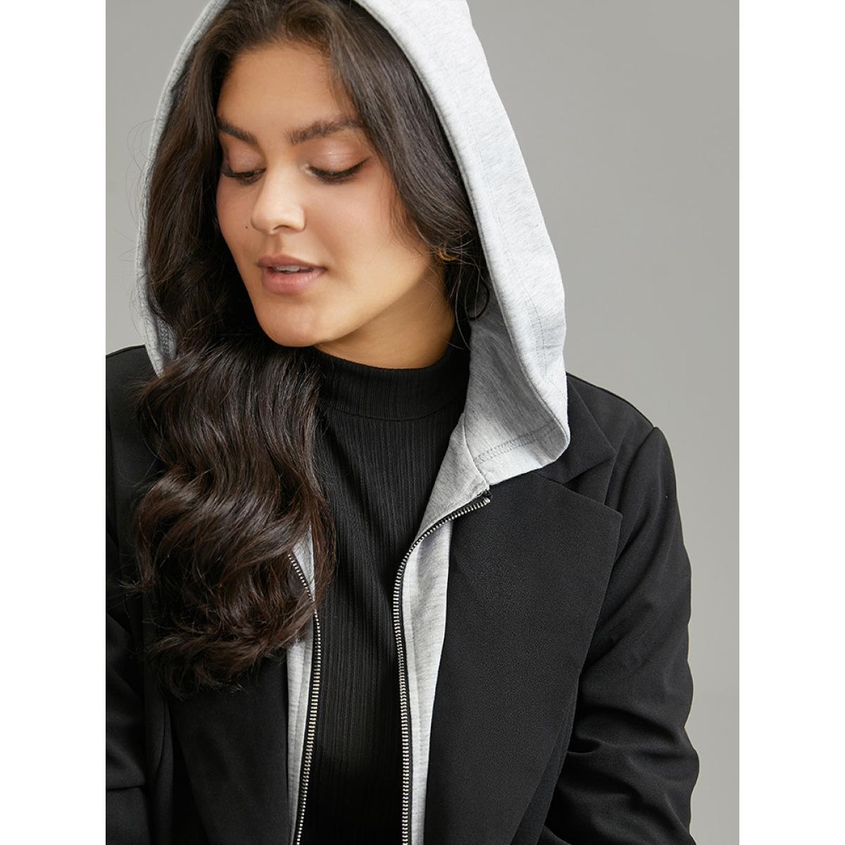 Plus Size Contrast Patchwork Zipper Button Up Hooded Blazer Black Women Dailywear Plain Lined Sleeve Long Sleeve Hooded 26/4X Pocket Casual Blazers BloomChic Product Image