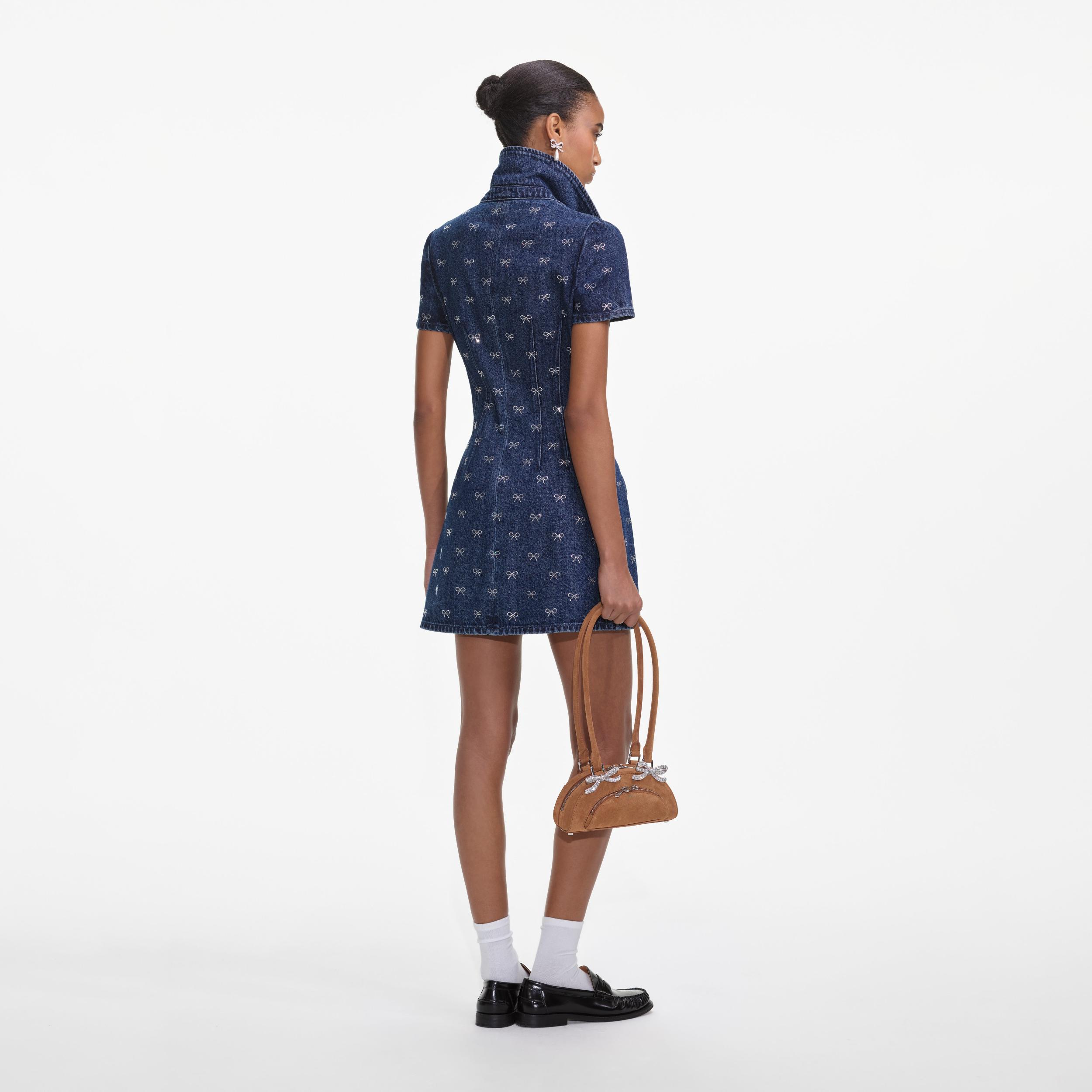 Denim Diamante Bow Collared Mini Dress Product Image