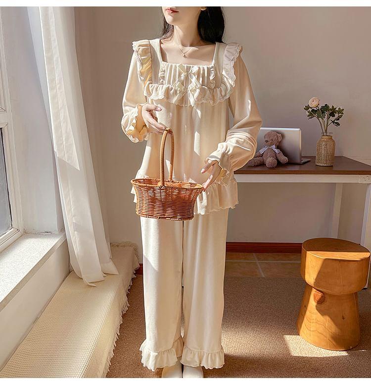 Pajama Set: Long Sleeve Square Neck Plain Ruffle Top + Straight Leg Pants Product Image