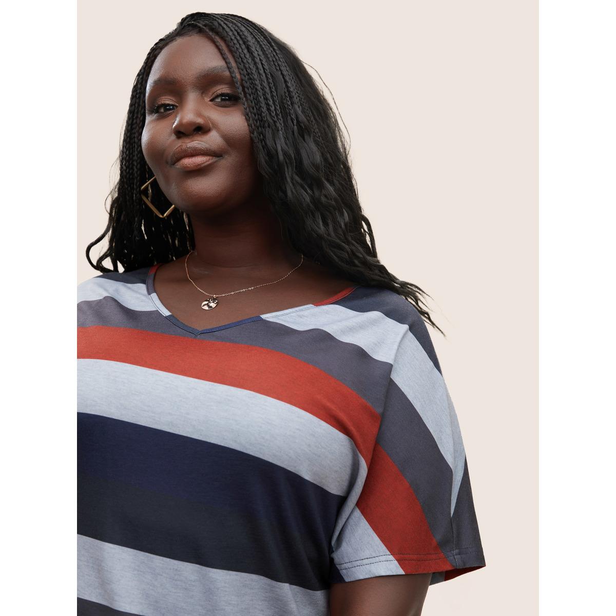 Plus Size Contrast Striped Dolman Sleeve T-shirt Multicolor Women Casual Striped V-neck Everyday T-shirts BloomChic 18-20/2X Product Image