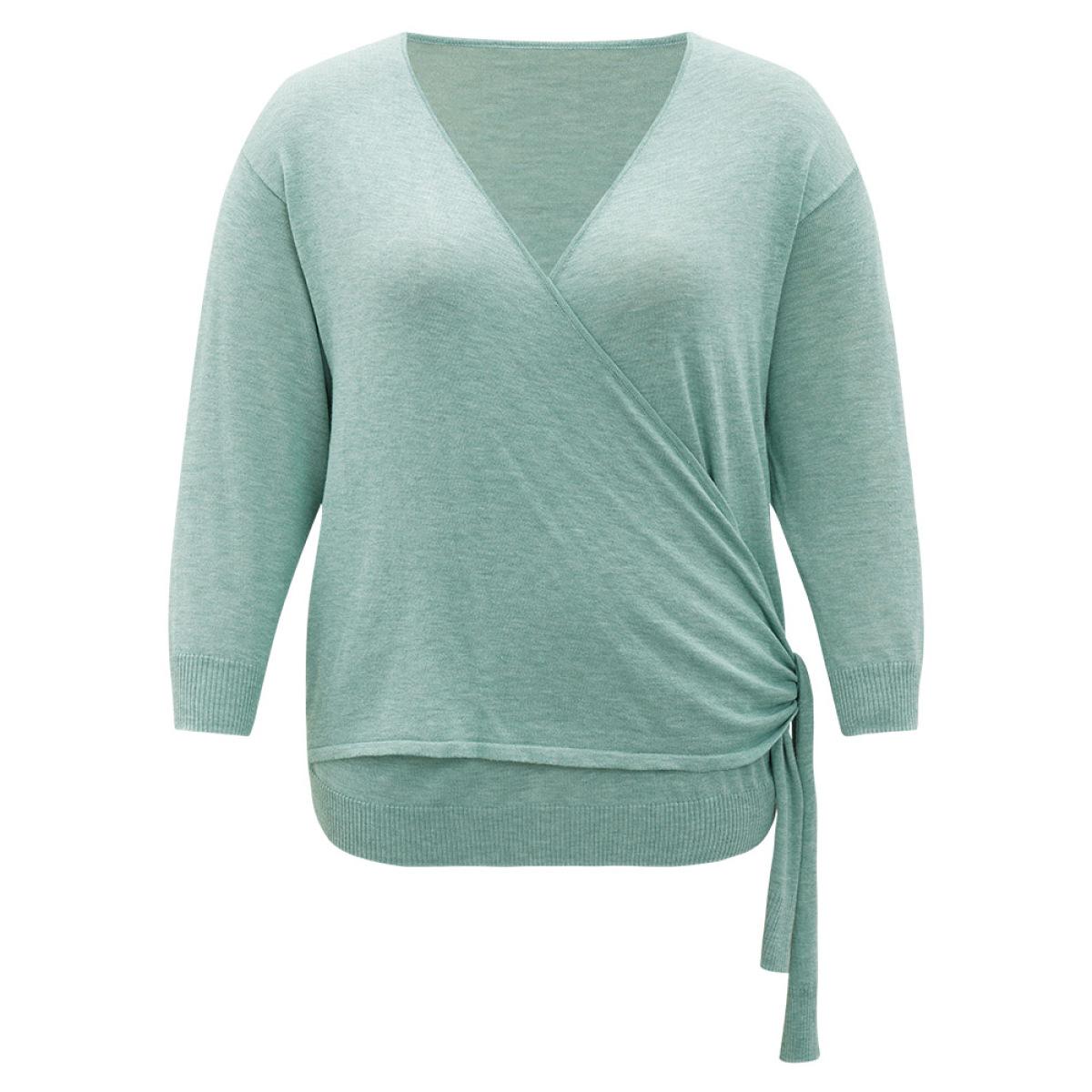 Plus Size Supersoft Essentials Plain Crossover Ties Elastic Cuffs Pullover Mint Women Casual Loose Long Sleeve V-neck Dailywear Pullovers BloomChic 28/5X Product Image