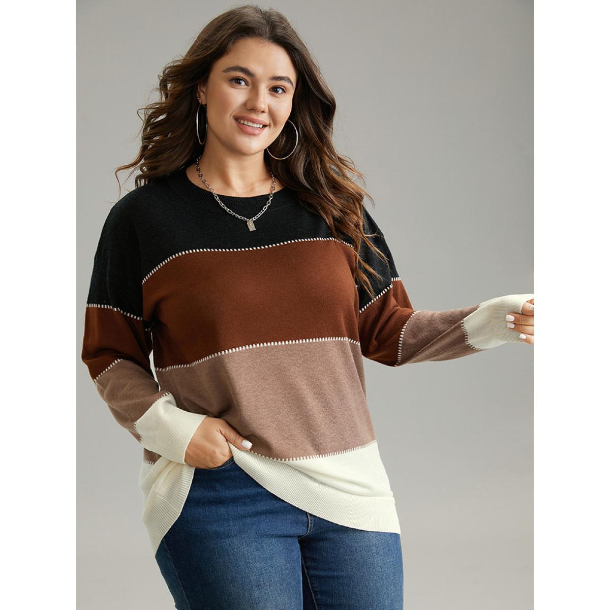 Plus Size Supersoft Essentials Colorblock Contrast Round Neck Pullover Multicolor Women Casual Loose Long Sleeve Round Neck Everyday Pullovers BloomChic 18-20/2X Product Image