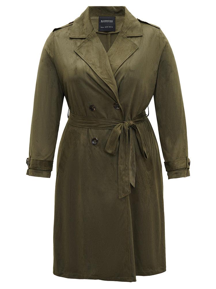 Plain Lapel Collar Pocket Belted Faux Suede Coat Female Product Image