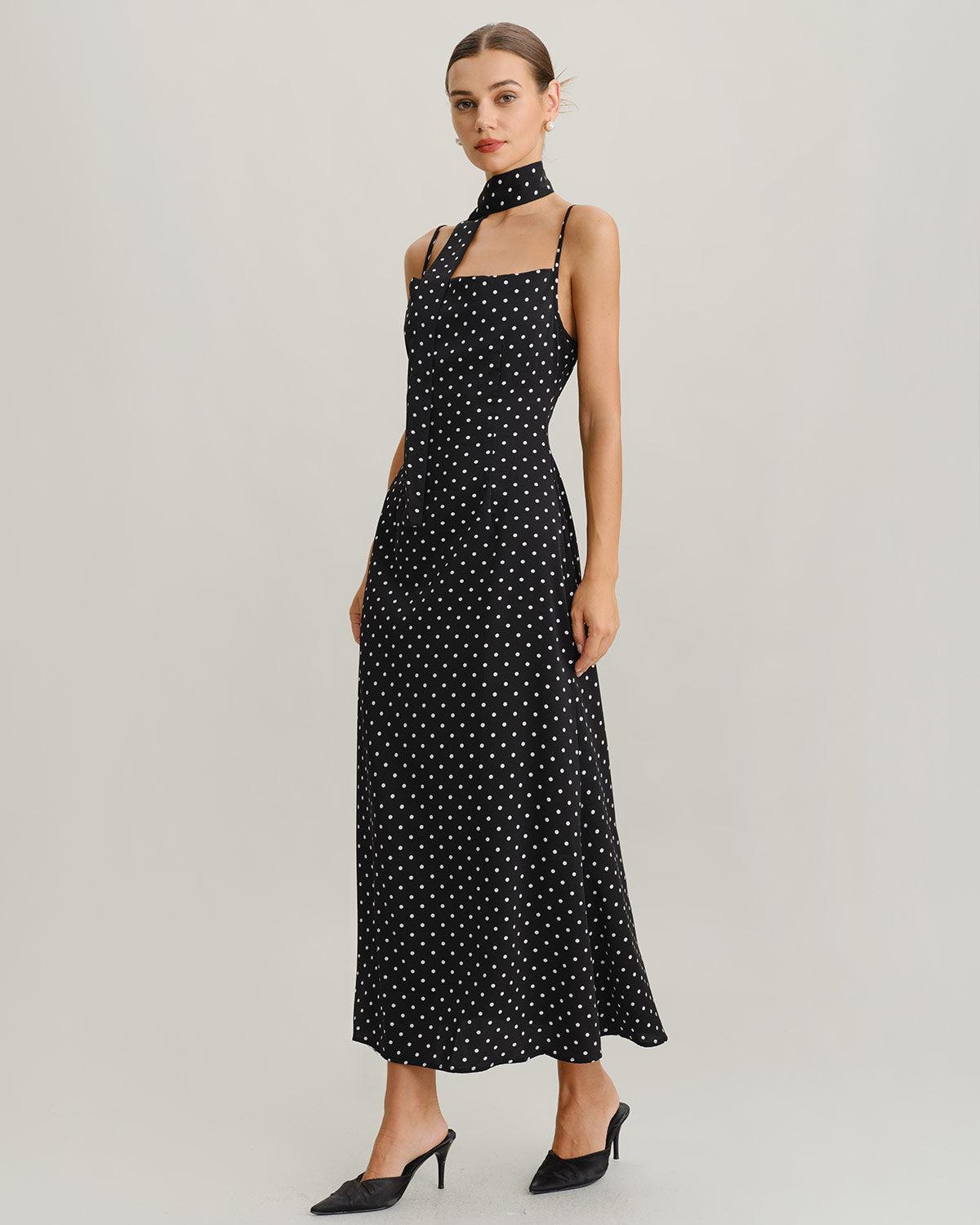 Black Polka Dot Cowl Neck Slip Maxi Dress Product Image