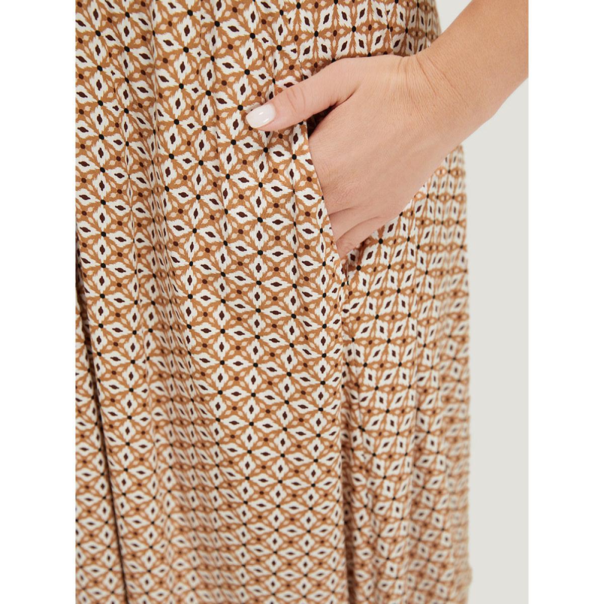 Plus Size Bandana Print Ruffles Pocket Wrap Drawstring Sleeve Dress LightBrown Women Vacation Wrap V-neck Short sleeve Curvy Midi Dress BloomChic 22-24/3X Product Image