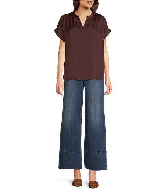 Gibson & Latimer Moonshadow Satin Split Round Neck Dropped Short Roll Tab Sleeve Hi-Low Shirttail Blouse Product Image