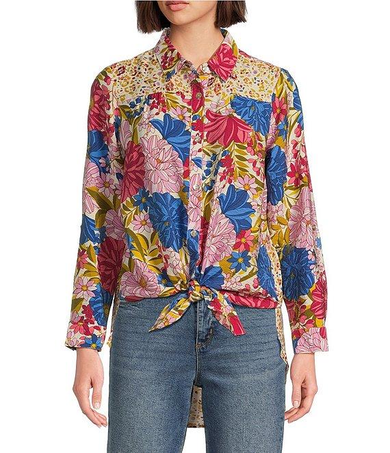 Figueroa & Flower Woven Floral Point Collar Long Roll-Tab Sleeve Button Front Blouse Product Image