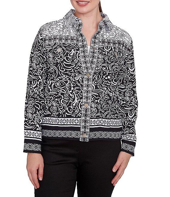 Ruby Rd. Petite Size Luxe Voile Abstract Botanical Border Print Point Collar Long Sleeve Button-Front Jacket Product Image