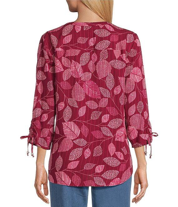 Allison Daley Leaf Print 3/4 Tie Sleeve Y-Neck Button Front Blouse Product Image