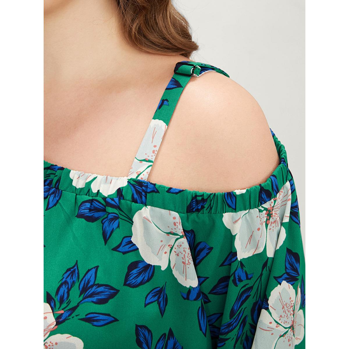 Plus Size Emerald Floral Lantern Sleeve Adjustable Straps One Shoulder Blouse Women Glamour Long Sleeve One Shoulder Dailywear Blouses BloomChic 10/M Product Image