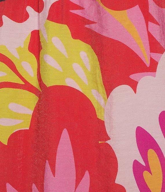 Calessa Petite Size Woven Modern Abstract Print Ruffled Split V-Neck Elbow Sleeve Tunic Product Image