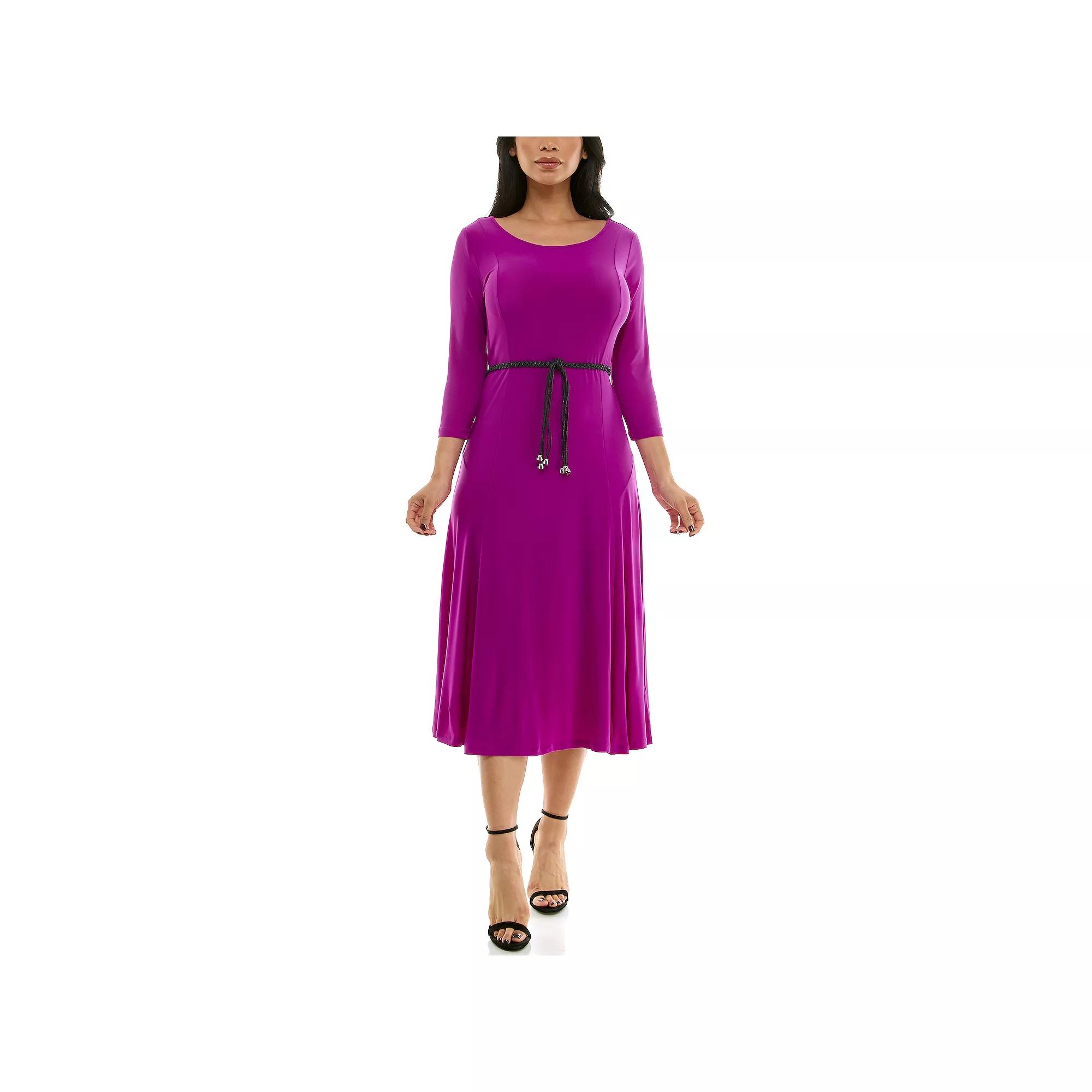 Women's Nina Leonard Sylvia Three-Quarter Sleeve Belted Midi Dress,  Product Image