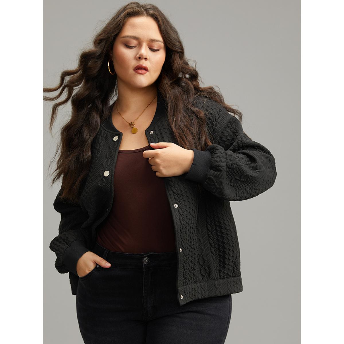 Plus Size Plain Texture Button Through Jacket Women Black Elastic cuffs Dailywear Jackets BloomChic 10/M Product Image
